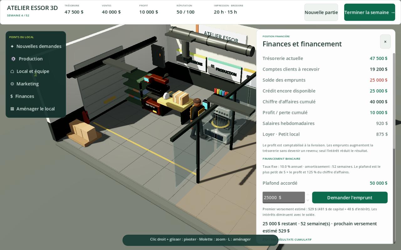 Écran des finances de Print Shop Manager avec trésorerie, comptes clients et financement